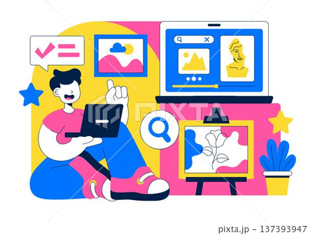 Online Art Exhibition Virtual Gallery Digital Artwork Showcase Illustration Featuring People Viewing Creative Paintings Through Laptop Screen Online Art Exhibition Virtual Gallery Digital Artwork Showcase Illustration Featuring People Viewing Creative Paintings Through Laptop Screen 137393947