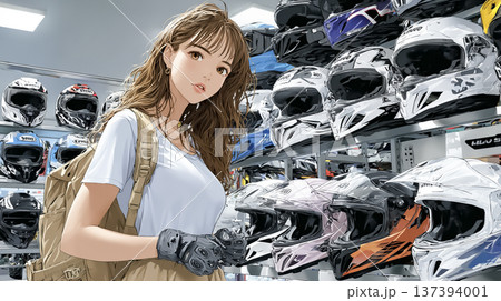 ヘルメット売り場で装備を選ぶ女性バイクライダー｜バイク用品ショップのシーン 137394001