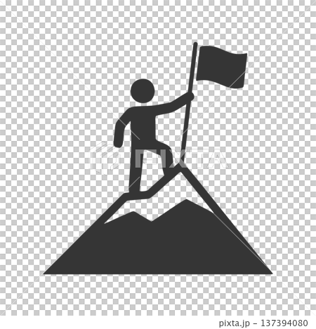 山の頂上に旗を立てる人物のシルエットアイコン 137394080