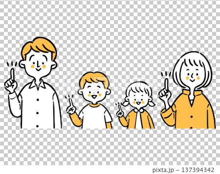 Pointing family, two generations, upper body, vector (orange) Pointing family, two generations, upper body, vector (orange) 137394342