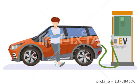 Separate layer of Electric vehicles car orange tone. Charging station comes with a cable and charging head that connects to the rear of car. Driver stood waiting beside the car with a smiling face. Separate layer of Electric vehicles car orange tone. Charging station comes with a cable and charging head that connects to the rear of car. Driver stood waiting beside the car with a smiling face. 137394576
