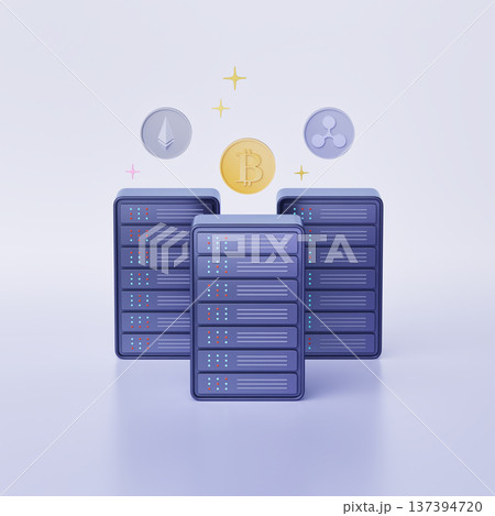 Cryptocurrency mining servers with Bitcoin, Ethereum, and Ripple symbols highlighted Cryptocurrency mining servers with Bitcoin, Ethereum, and Ripple symbols highlighted 137394720