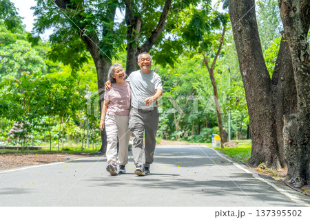 Wide shot of Asian senior man put his arm around senior woman and walk along the road in public park with happiness during exercise and relax together. Wide shot of Asian senior man put his arm around senior woman and walk along the road in public park with happiness during exercise and relax together. 137395502