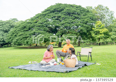Wide shot of grandmother, grandfather and grandchild relax together with eating, drinking and talking in public park with day light. Wide shot of grandmother, grandfather and grandchild relax together with eating, drinking and talking in public park with day light. 137395529