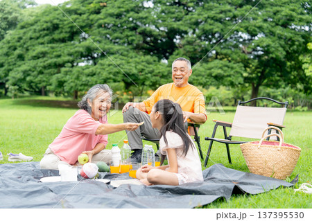 Asian senior woman give a piece of fruit to little girl while senior woman relax on chair during holiday of family in public park. Asian senior woman give a piece of fruit to little girl while senior woman relax on chair during holiday of family in public park. 137395530