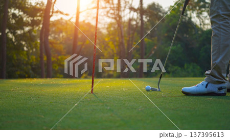 Golfers are putting golf in the evening golf course golf backglound. 137395613