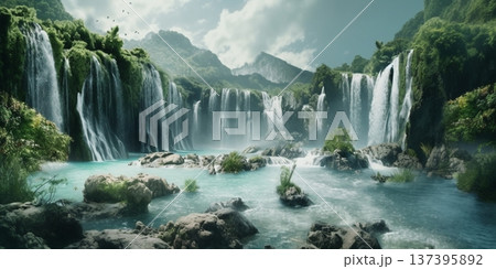 Exquisite Waterfalls and Rivers background, AI Generated 137395892