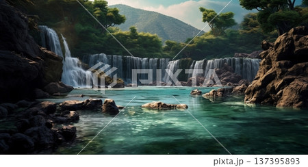 Exquisite Waterfalls and Rivers background, AI Generated Exquisite Waterfalls and Rivers background, AI Generated 137395893