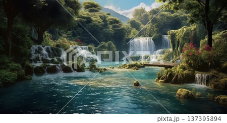 Exquisite Waterfalls and Rivers background, AI Generated 137395894