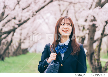 桜を見上げる高校生 137395903