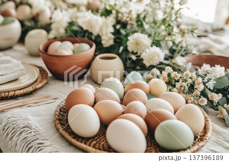 Decorative Easter eggs arranged on table with flowers and pottery 137396189