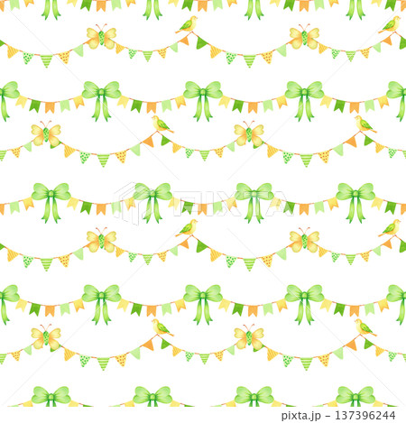Seamless pattern with garlands of flags, butterflies, birds, bow. Watercolor illustration. Perfect for birthdays, Patrick Day. Hand drawn isolated art. Suitable for textiles, wallpaper, gift wrapping 137396244