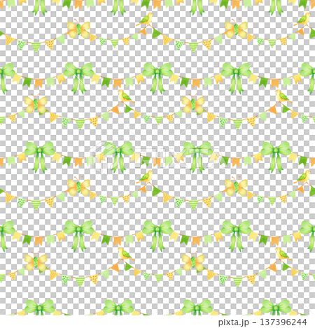 Seamless pattern with garlands of flags, butterflies, birds, bow. Watercolor illustration. Perfect for birthdays, Patrick Day. Hand drawn isolated art. Suitable for textiles, wallpaper, gift wrapping 137396244