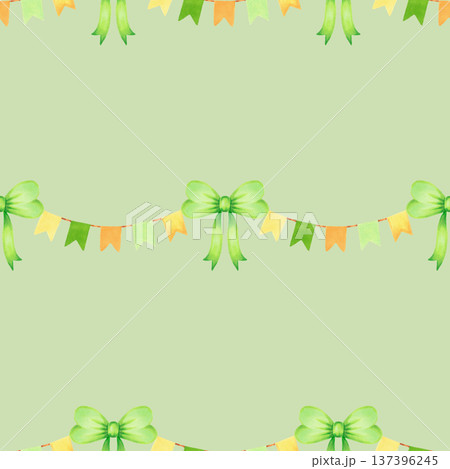 Green bow with garland. Seamless pattern with ribbon. Watercolor illustration. Hand drawn isolated art. Flags on ribbon for St. Patrick's Day, textiles, fabrics, backdrops, packaging, wallpaper 137396245