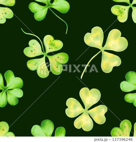 Seamless pattern with fourleaf clovers. Watercolor illustrations. Hand drawn isolated art. Irish symbol of St. Patrick's Day. Background for packaging, fabric, textiles, wallpaper. Seamless pattern with fourleaf clovers. Watercolor illustrations. Hand drawn isolated art. Irish symbol of St. Patrick's Day. Background for packaging, fabric, textiles, wallpaper. 137396246
