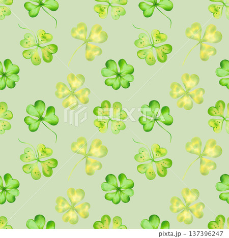 Seamless pattern with four leaf clovers. Watercolor illustrations. Hand drawn isolated art. Irish symbol of St. Patrick's Day. Design for packaging, fabric, textiles, wallpaper and backgrounds. 137396247