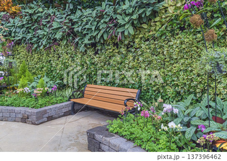 Lush Botanical Garden Bench With Tropical Plants Lush Botanical Garden Bench With Tropical Plants 137396462