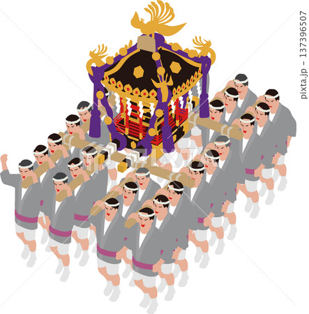 日本の伝統行事祭り。神輿を担ぐ男性たちのイラスト 日本の伝統行事祭り。神輿を担ぐ男性たちのイラスト 137396507