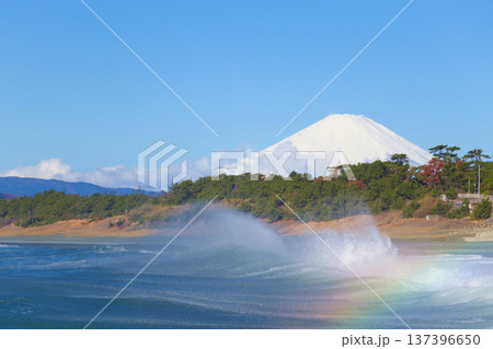 波しぶきに架かる虹と雪を頂く富士山 大磯照ヶ崎海岸 137396650