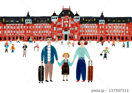 東京駅と旅行する家族の観光イメージイラスト 137397313