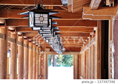 橿原神宮の登廊と連なる灯籠（和の情景・神社回廊） 137397398