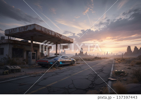 Abandoned Gas Station at Dramatic Sunset Abandoned Gas Station at Dramatic Sunset 137397443