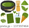 器に入った抹茶と様々な抹茶製品のベクターイラストセット 137397464