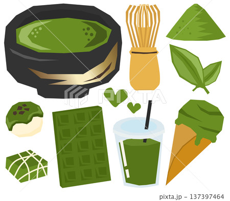 器に入った抹茶と様々な抹茶製品のベクターイラストセット 137397464