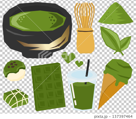 器に入った抹茶と様々な抹茶製品のベクターイラストセット 137397464