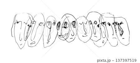 横一列に並ぶ11個の異なる表情の顔をペンで描いたモノクロ線画イラスト素材 横一列に並ぶ11個の異なる表情の顔をペンで描いたモノクロ線画イラスト素材 137397519