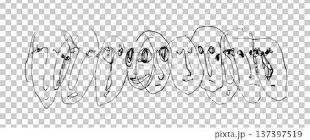 横一列に並ぶ11個の異なる表情の顔をペンで描いたモノクロ線画イラスト素材 横一列に並ぶ11個の異なる表情の顔をペンで描いたモノクロ線画イラスト素材 137397519
