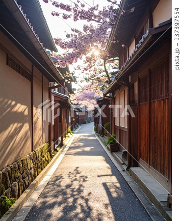 【AI生成画像】京都の春 路地裏の京町屋と桜 137397554