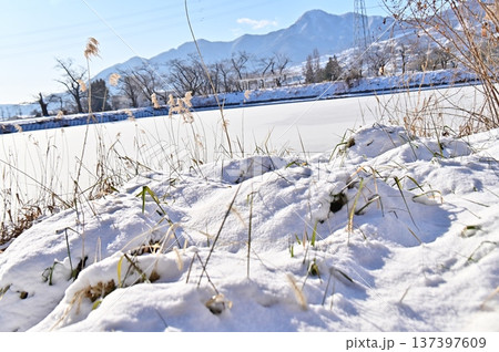 雪の積もった土手越しに見る冬の風景 137397609