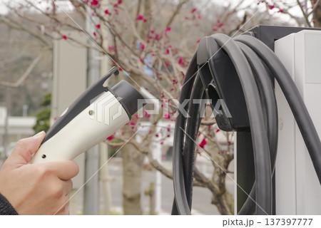 EV充電プラグを接続するドライバーの手元 137397777