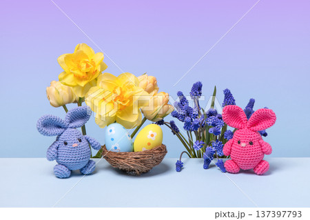 Pink and blue Easter knitted bunnies with multicolored eggs and spring muscari flowers, tulips and daffodils on the blue podium. Concept of Easter Pink and blue Easter knitted bunnies with multicolored eggs and spring muscari flowers, tulips and daffodils on the blue podium. Concept of Easter 137397793