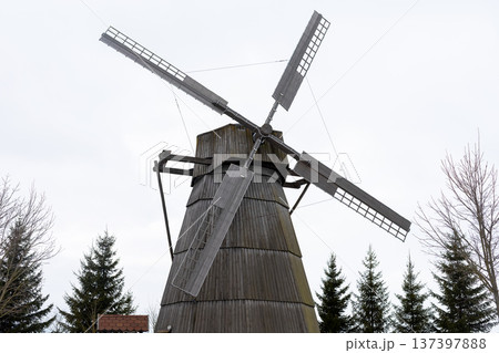 Traditional windmill elevates rustic village scenery with surrounding coniferous forest Traditional windmill elevates rustic village scenery with surrounding coniferous forest 137397888