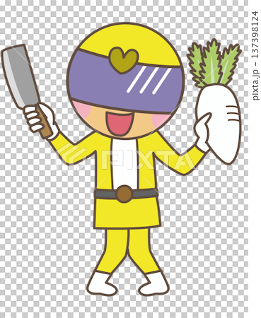 Hero cooking character holding a knife and a radish | Food education and cooking concept illustration Hero cooking character holding a knife and a radish | Food education and cooking concept illustration 137398124
