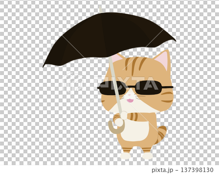 一隻咧嘴笑著的棕色虎斑貓拿著一把陽傘 137398130