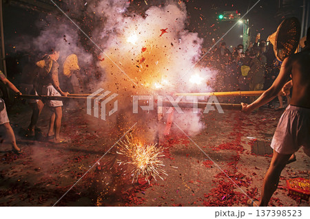 Residents of Shezidao in Taipei celebrate the Lantern Festival with a tradition known as Bombing the Earth God, Residents of Shezidao in Taipei celebrate the Lantern Festival with a tradition known as Bombing the Earth God, 137398523