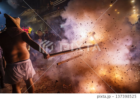 Residents of Shezidao in Taipei celebrate the Lantern Festival with a tradition known as Bombing the Earth God, 137398525