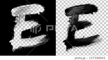 Brushstroke letter E in bold grunge style on split isolated black and white background, symbolizing contrast and creativity Brushstroke letter E in bold grunge style on split isolated black and white background, symbolizing contrast and creativity 137398943