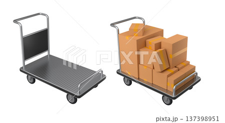 Set of Airport luggage cart or baggage trolley side with cardboard boxes or cartons 137398951