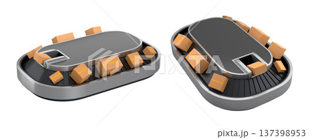 Set of Airport conveyor belt or baggage claim area with cardboard boxes or cartons 137398953