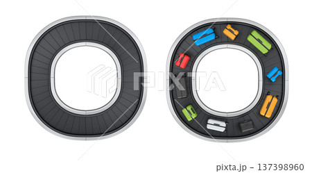 Set of Airport luggage conveyor belt or baggage claim area with suitcases on white. 137398960