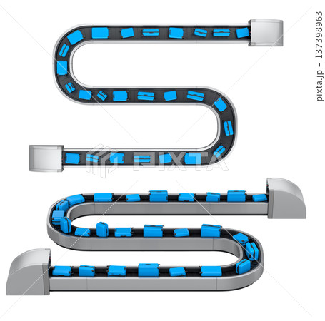 Set of Airport luggage conveyor belt or baggage claim area with suitcases on white. 137398963