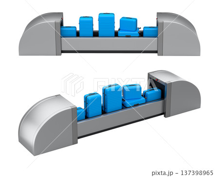 Set of Airport luggage conveyor belt or baggage claim area with suitcases on white. 137398965