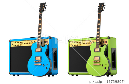 Set of amplifier with acoustic guitar isolated on white background. Set of amplifier with acoustic guitar isolated on white background. 137398974