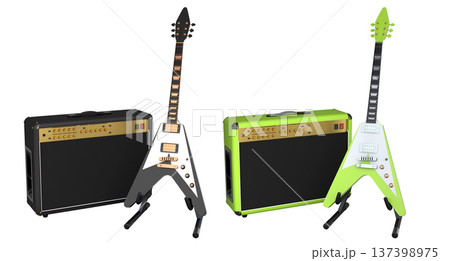 Set of amplifier with acoustic guitar isolated on white background. 137398975