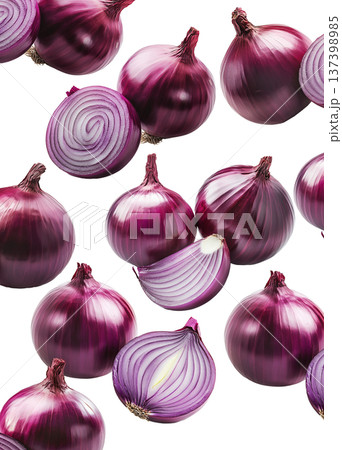 Multiple whole and sliced red onions isolated on white background, showcasing fresh food and culinary concept 137398985