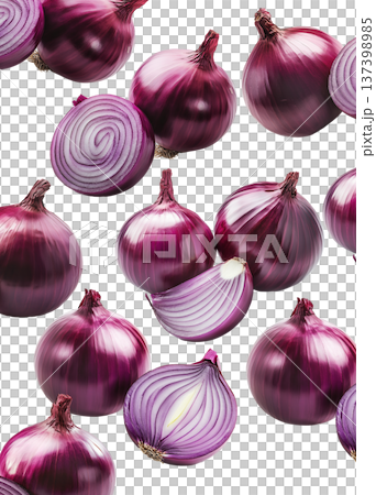 Multiple whole and sliced red onions isolated on white background, showcasing fresh food and culinary concept 137398985